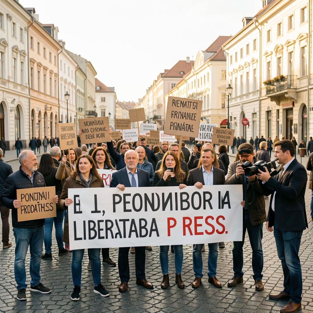 Protest pentru libertatea presei cu pancarte și jurnaliști, piață publică din România, lumină naturală de dimineață