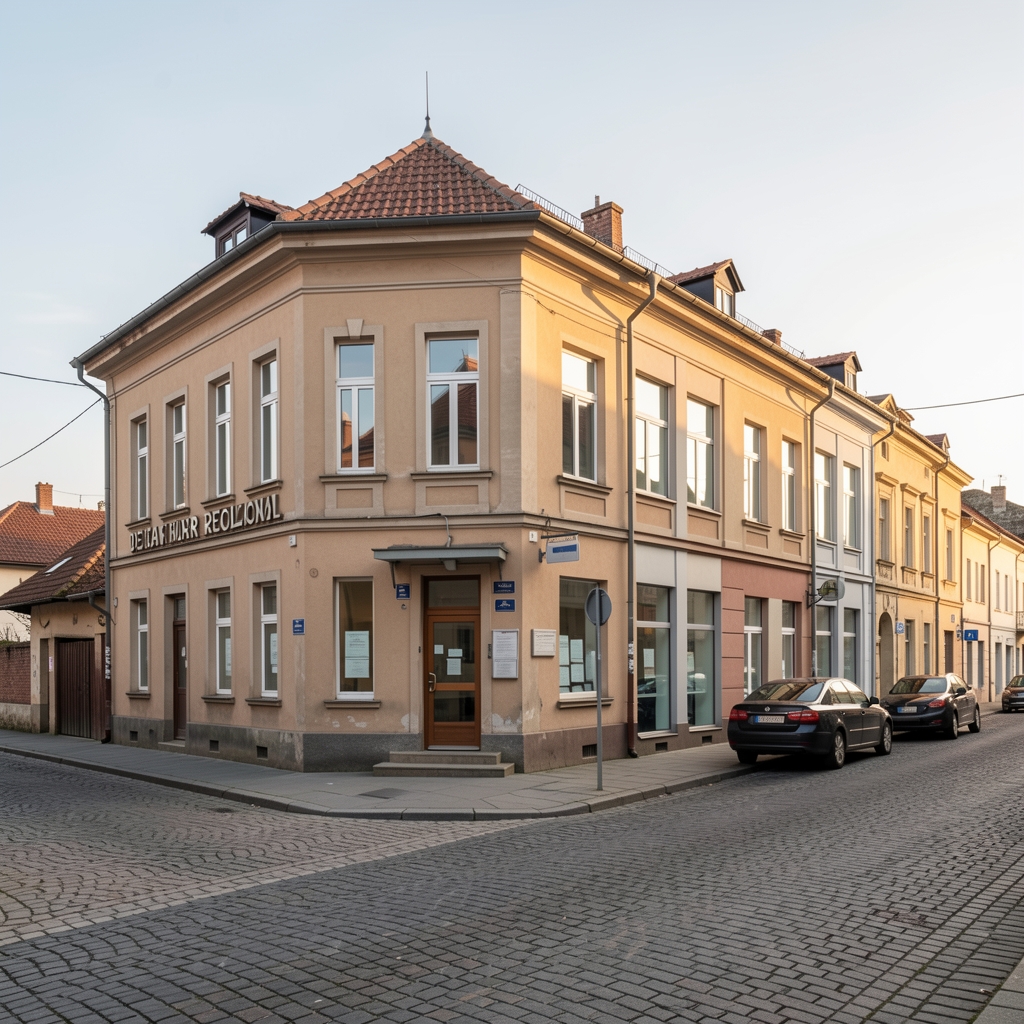 Sediu de ziar regional cu tipografie tradițională și birouri moderne, redacție din oraș mic românesc, ferestre cu lumină naturală