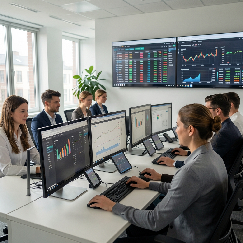 Redactie moderna cu jurnalisti lucrand la computere cu monitoare multiple si ecrane cu date si statistici in fundal