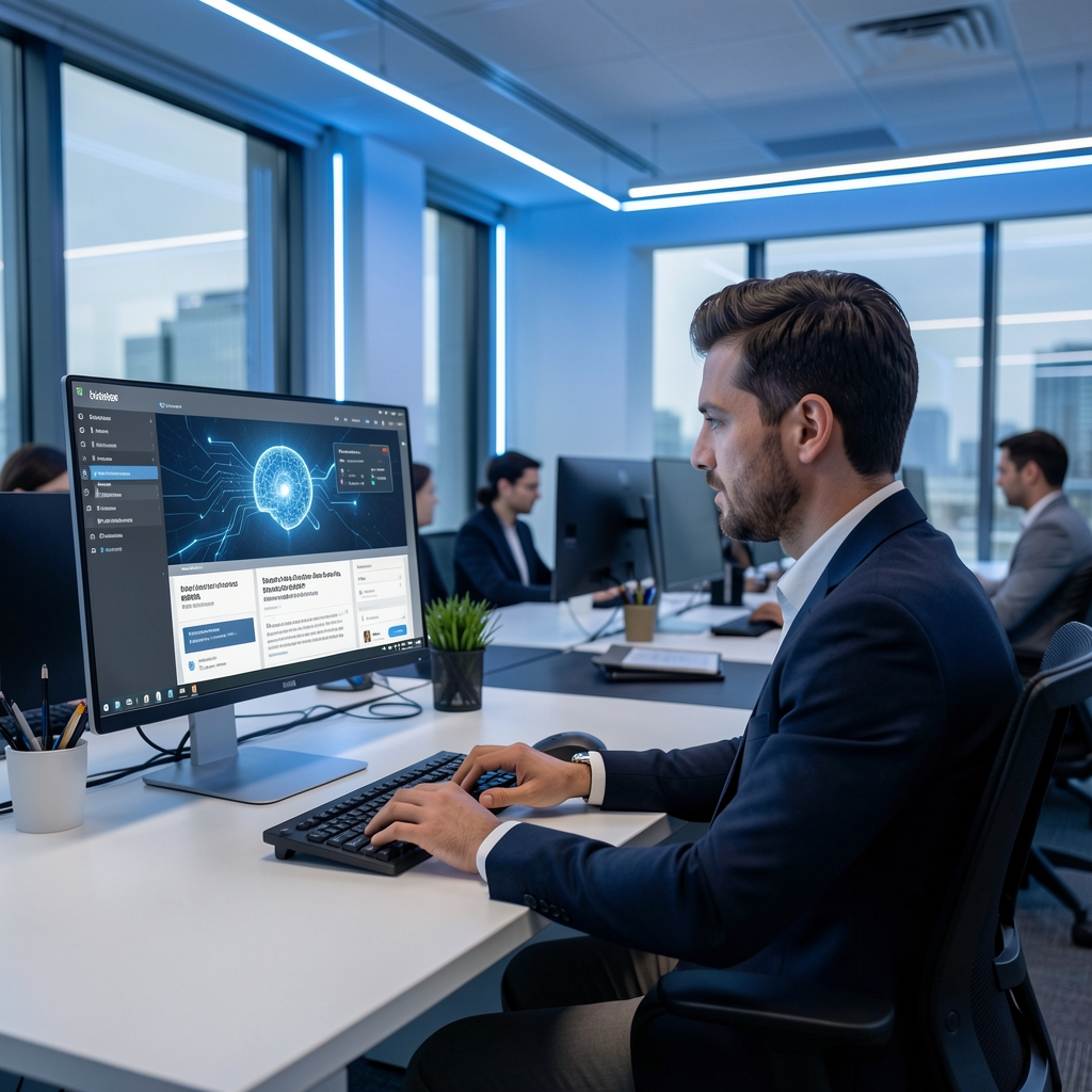 Jurnalist la birou cu inteligență artificială pe ecran, interfață AI generând articol de știri, redacție modernă cu lumini albastre
