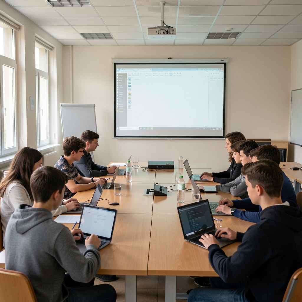 Atelier de educație media cu participanți tineri folosind tablete și laptopuri, sală de seminar universitară, prezentare pe ecran mare