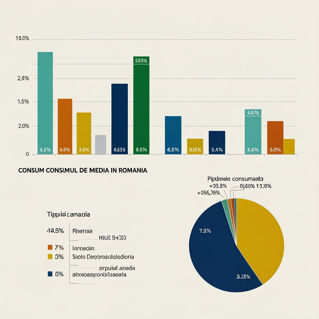 Infografic cu statistici privind consumul de media in Romania: grafice de bare si pie charts cu date despre tipuri de media consumate