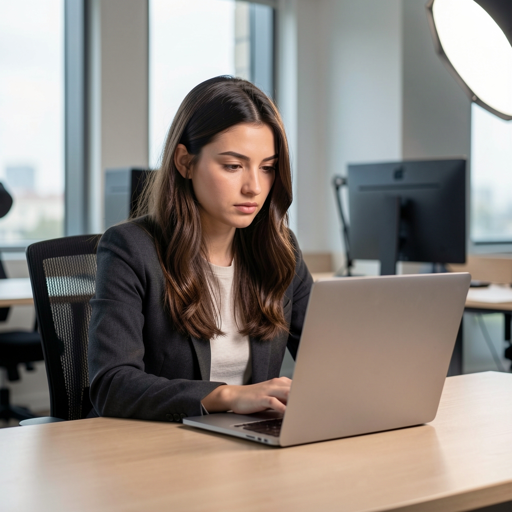 Ioana Dumitrescu, cercetătoare jurnalism digital, femeie tânără cu laptop deschis la birou modern, expresie concentrată, lumini de studio