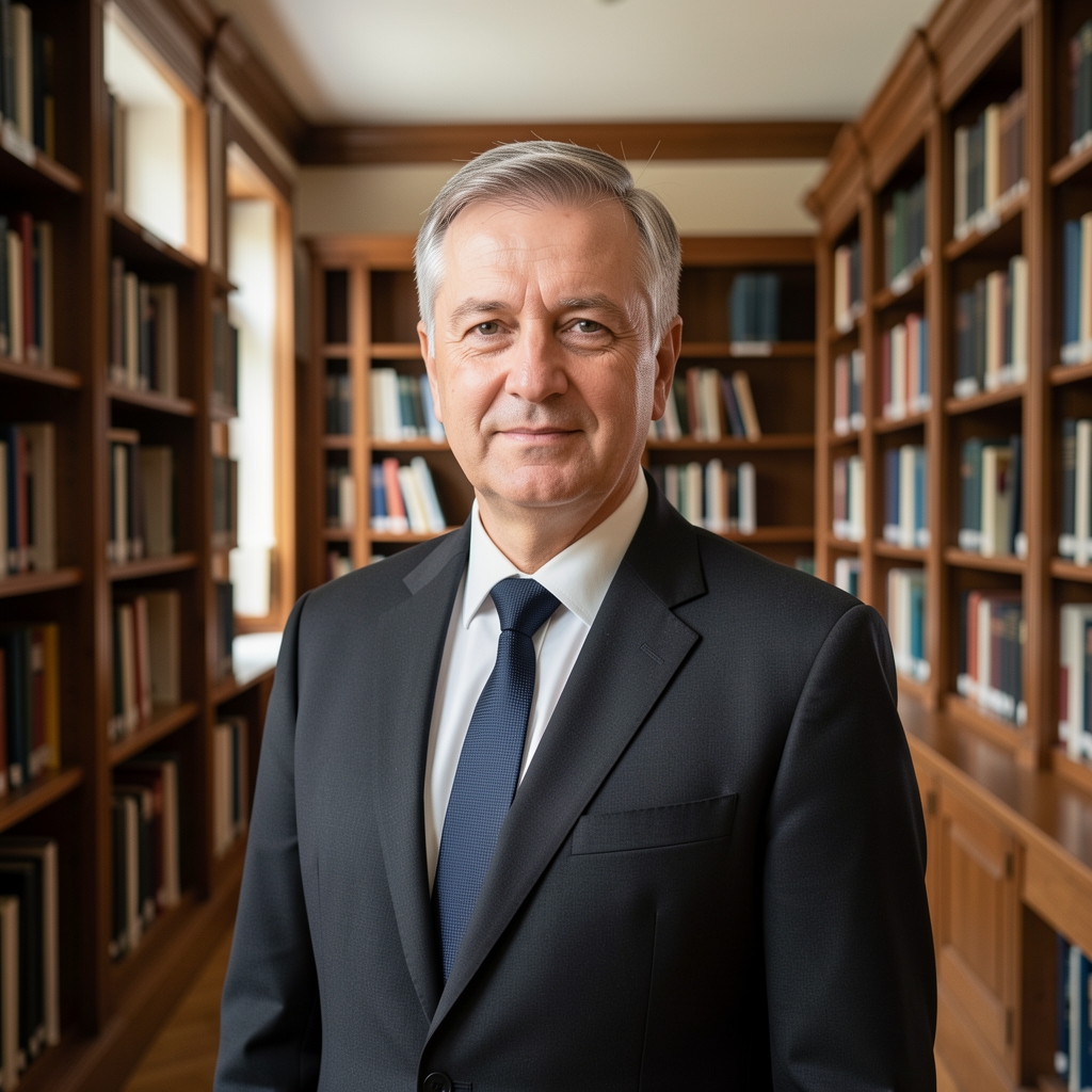 Dr. Andrei Lazăr, expert etică media, bărbat în vârstă medie cu costum întunecat, în sala de lectură a bibliotecii universitare