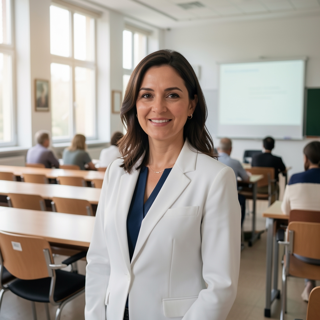 Dr. Ana-Maria Florescu, director de cercetare Yugen, femeie profesionistă în bluza albă, în sala de conferințe universitară luminoasă