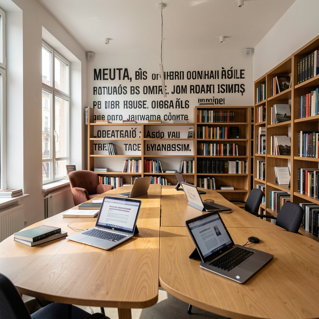 Interior modern al centrului Yugen din Iași cu cărți de specialitate, tablete cu cercetări deschise, lumini naturale și perete de citate despre jurnalism