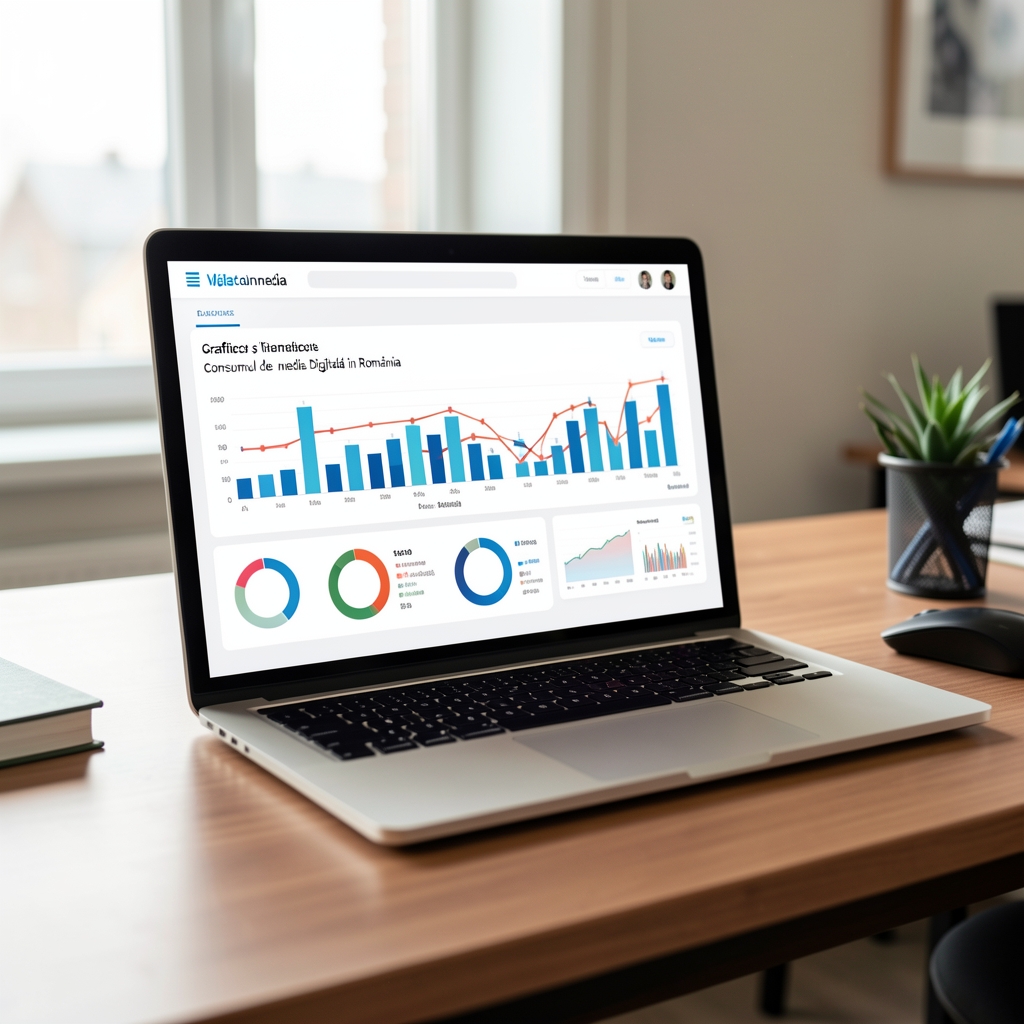 Grafice și diagrame statistice despre consumul de media digitală în România, ecran de laptop cu vizualizări de date, birou de analist media